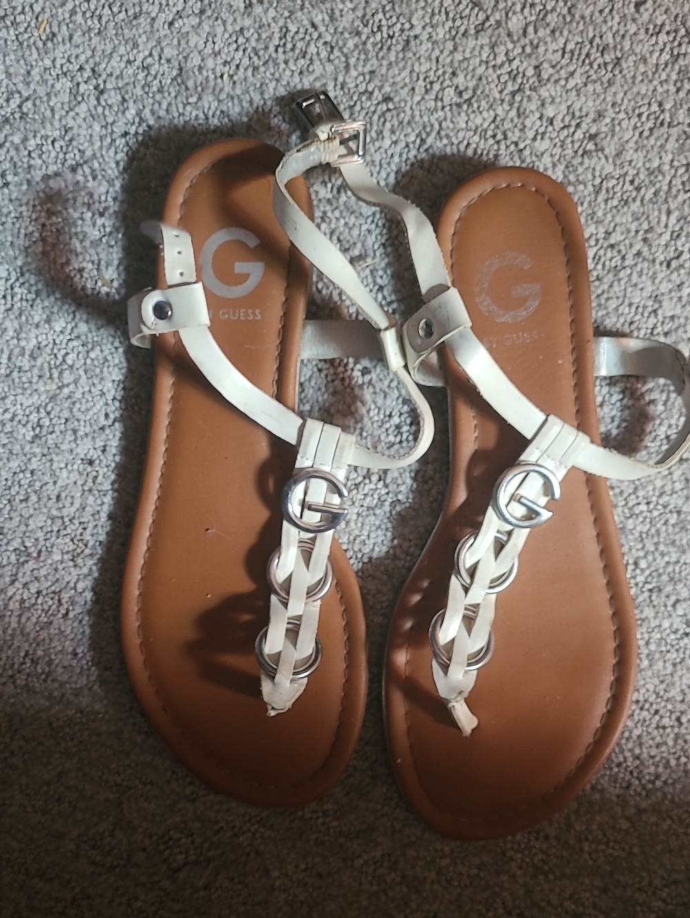 GUESS White Braided T-Strap Sandals with Silver Accents
